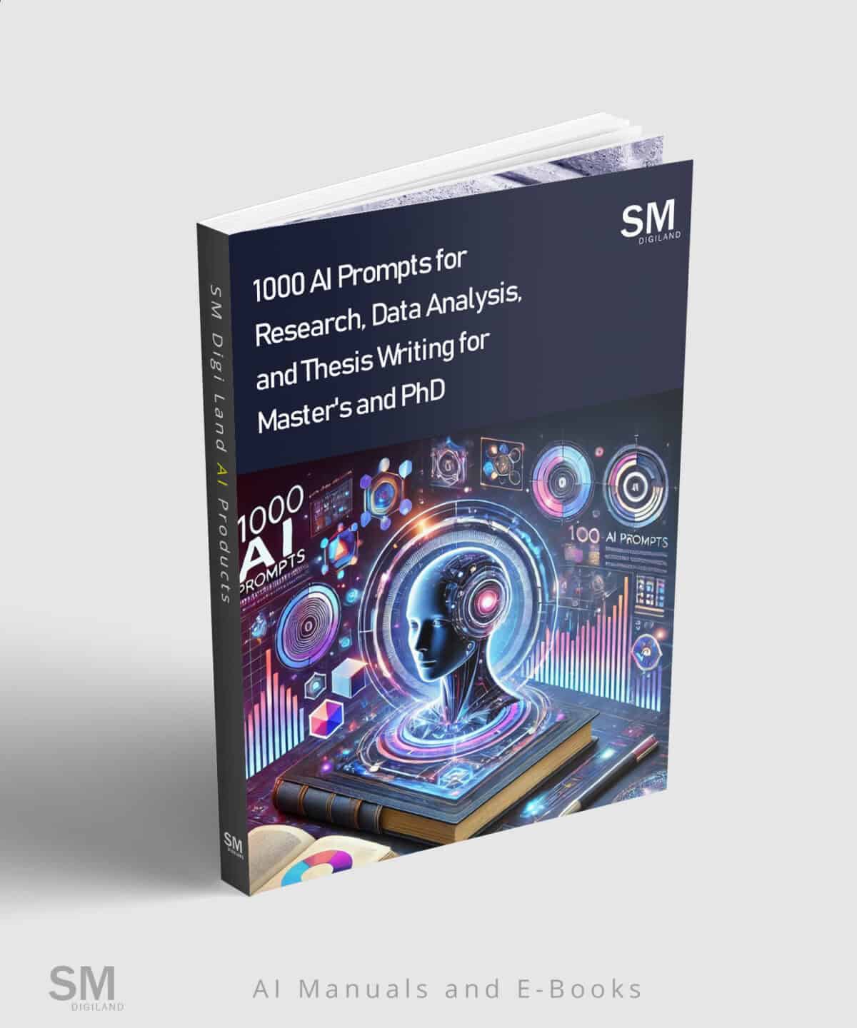 AI prompts for research, data analysis, thesis writing, Master’s, and PhD students, featuring advanced digital design elements.