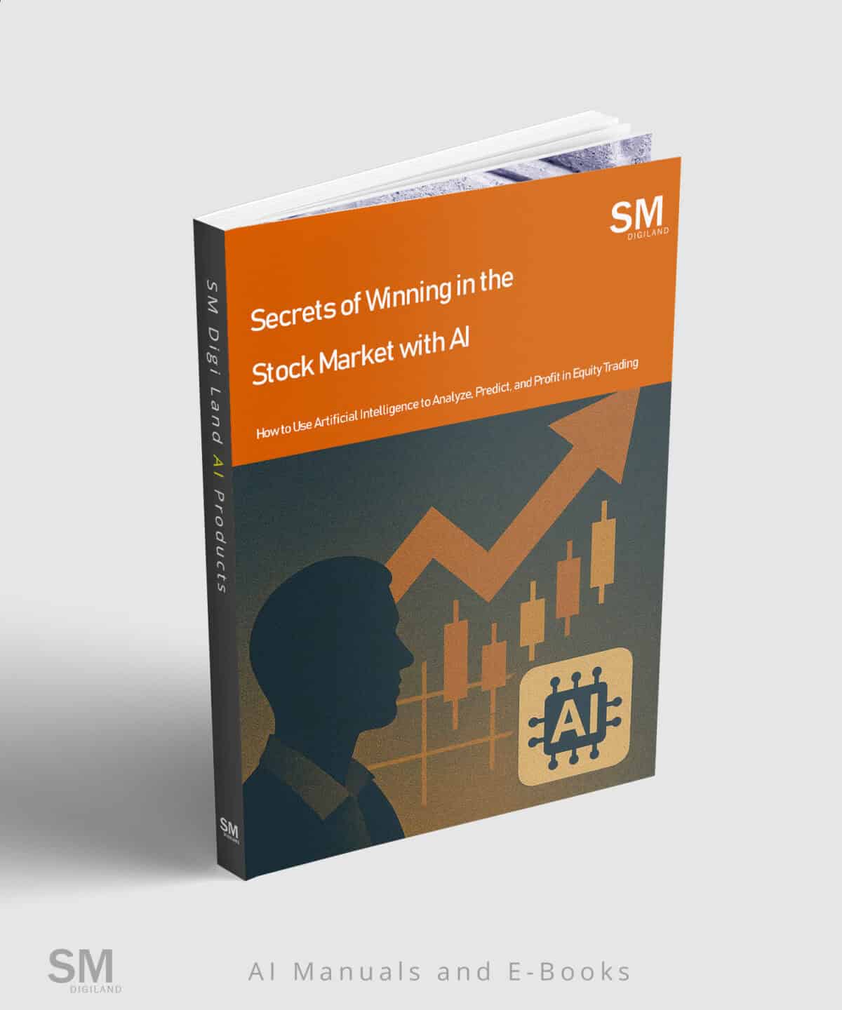 Artificial intelligence stock market e-book cover with AI trading concepts and upward growth chart.