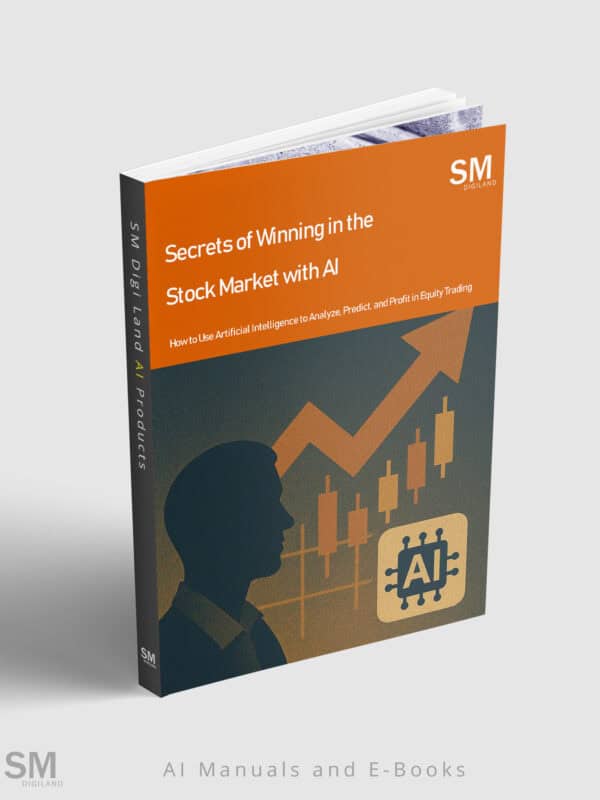 Artificial intelligence stock market e-book cover with AI trading concepts and upward growth chart.