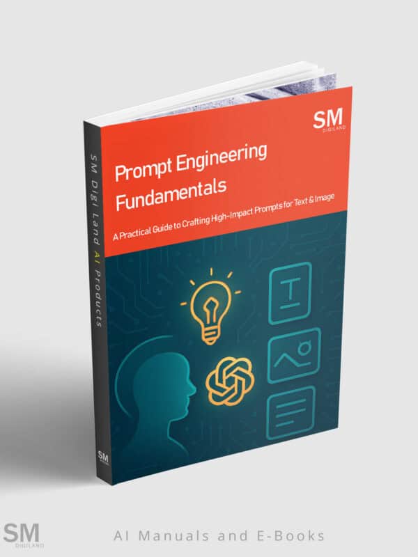 Prompt Engineering Fundamentals book cover, digital AI product guide on high-impact text and image prompts, innovative AI content creation.