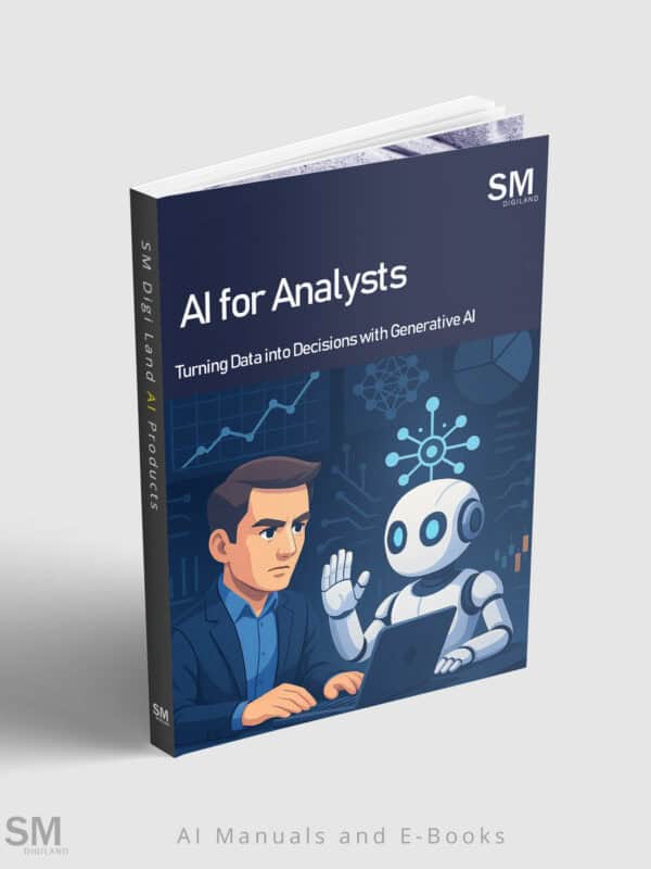 AI for Analysts book cover with human and robot discussing data.