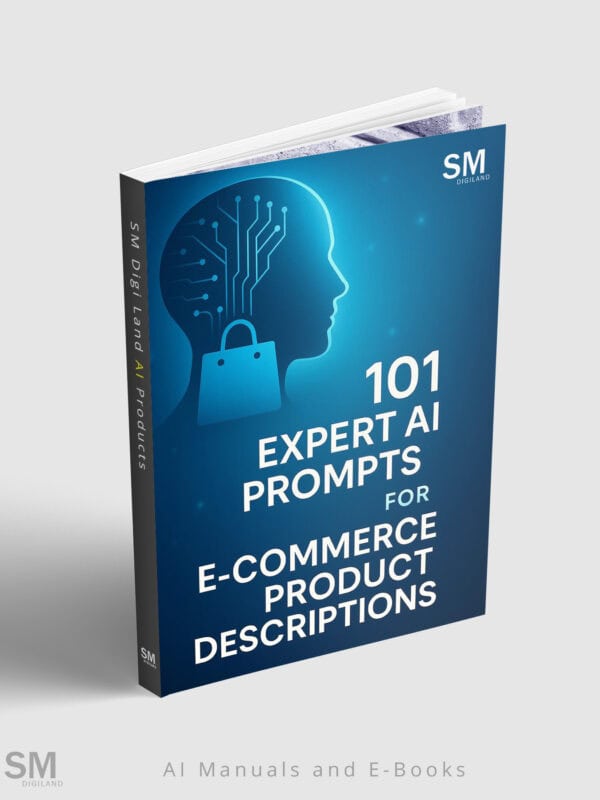 AI expert prompts for e-commerce product descriptions ebook cover, digital digital artwork, technology theme, AI and ecommerce.