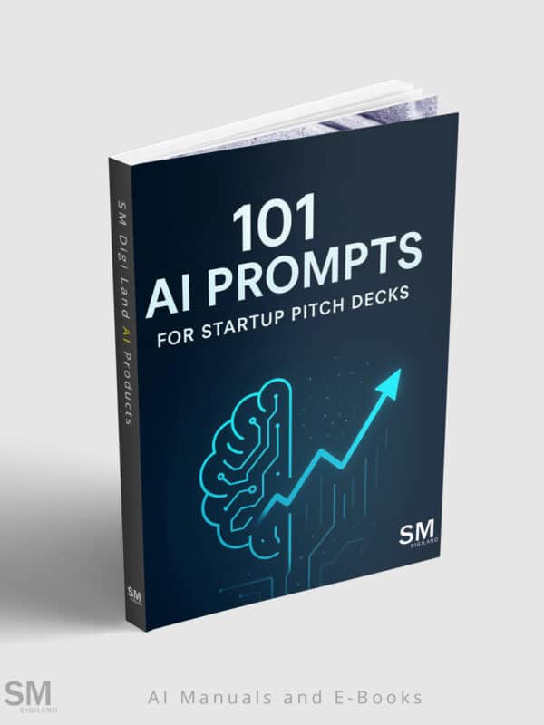 AI prompts for startup pitch decks ebook cover, digital marketing, artificial intelligence, and AI product development.