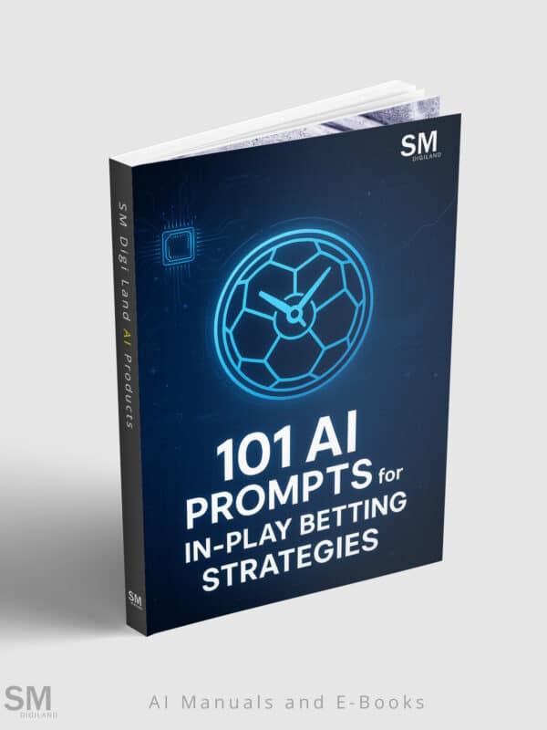 AI prompts book cover, digital clock and AI theme, for AI, betting, strategies, and digital innovation.