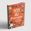 AI prompts book cover with health and fitness icons, digital illustration, vibrant orange background, promoting AI in health, wellness, and fitness applications.